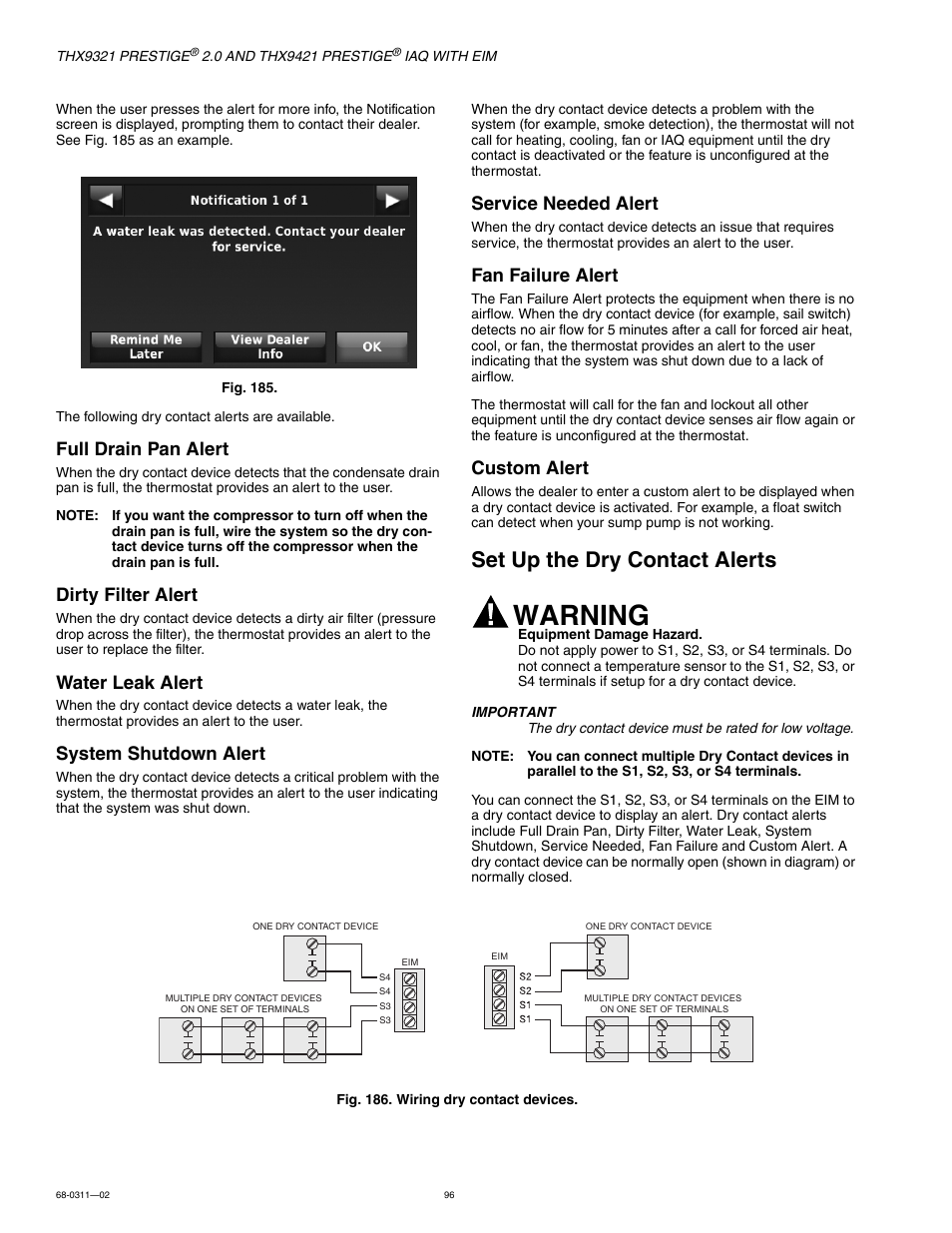 Set up the dry contact alerts, Warning, Full drain pan alert | Dirty filter alert, Water leak alert, System shutdown alert, Service needed alert, Fan failure alert, Custom alert | Honeywell PRESTIGE THX9321 User Manual | Page 96 / 160