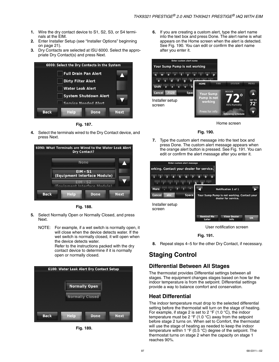 Staging control, Differential between all stages, Heat differential | Honeywell PRESTIGE THX9321 User Manual | Page 97 / 160