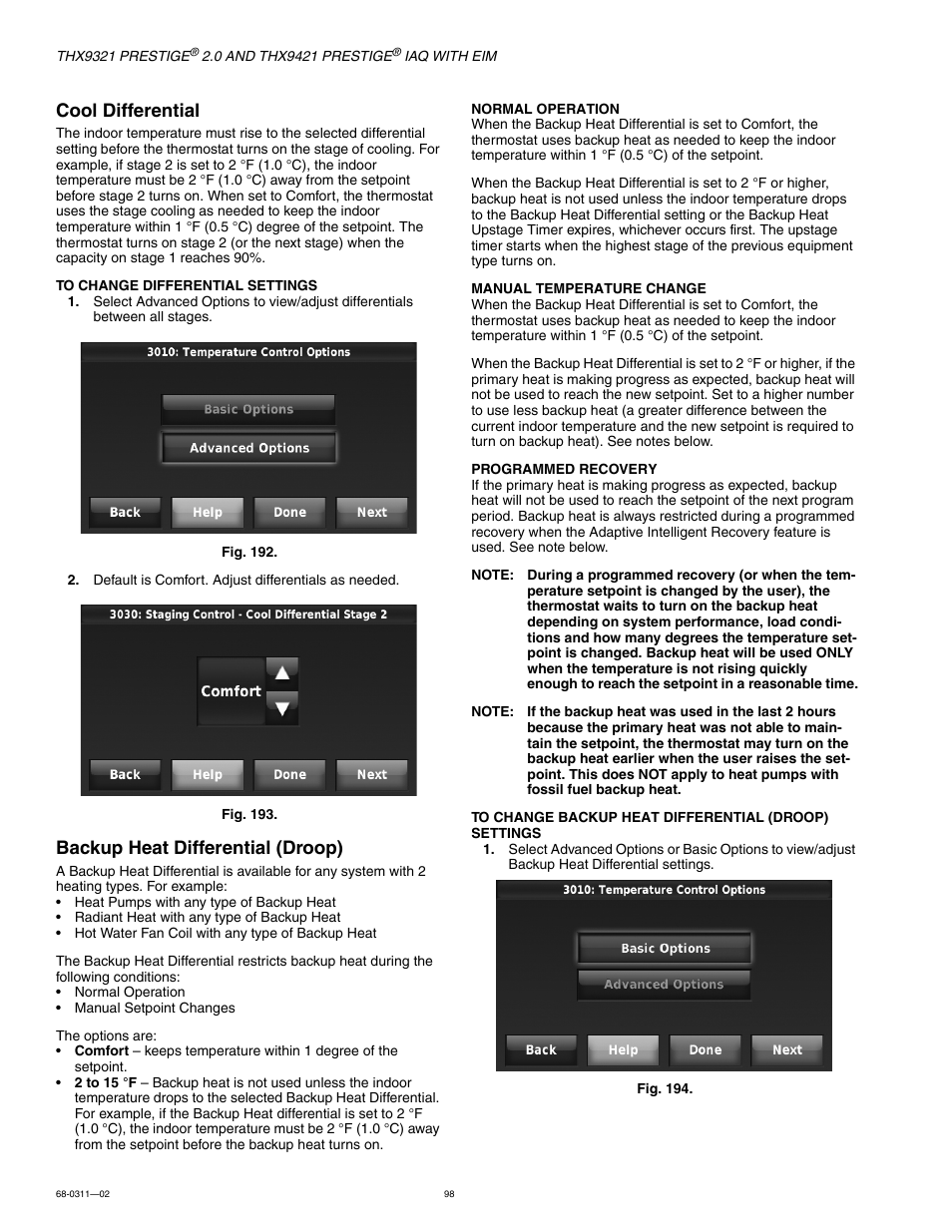 Cool differential, Backup heat differential (droop) | Honeywell PRESTIGE THX9321 User Manual | Page 98 / 160