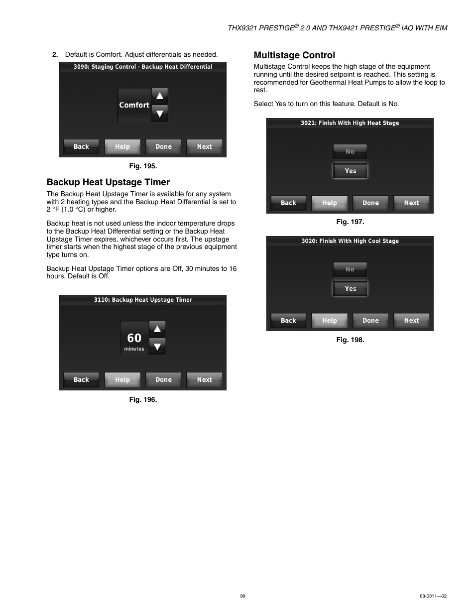 Backup heat upstage timer, Multistage control | Honeywell PRESTIGE THX9321 User Manual | Page 99 / 160