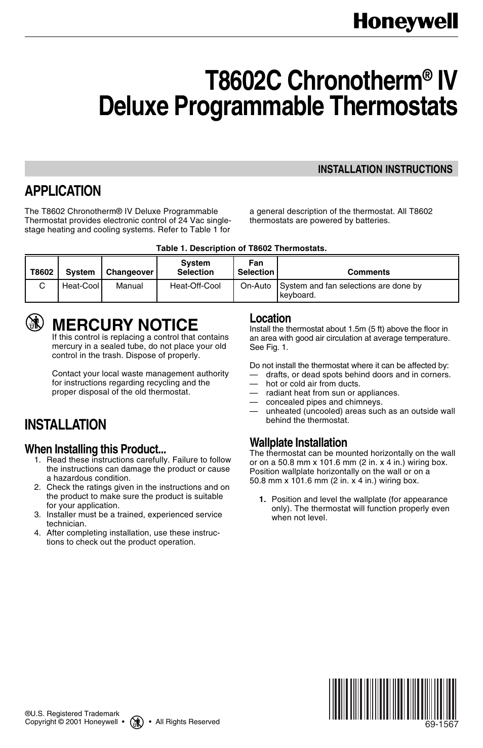 Honeywell Chronotherm IV T8602C User Manual | 12 pages