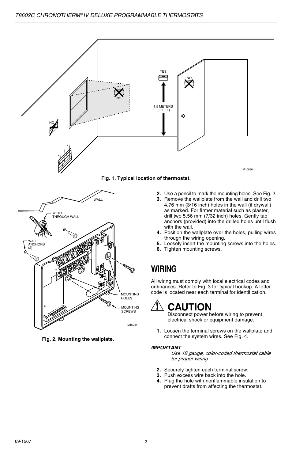 Caution, Wiring, T8602c chronotherm | Iv deluxe programmable thermostats | Honeywell Chronotherm IV T8602C User Manual | Page 2 / 12