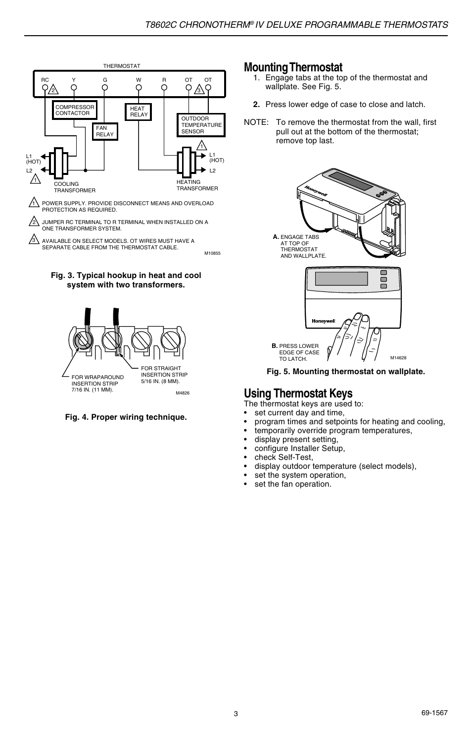 Using thermostat keys, Mounting thermostat, T8602c chronotherm | Iv deluxe programmable thermostats | Honeywell Chronotherm IV T8602C User Manual | Page 3 / 12