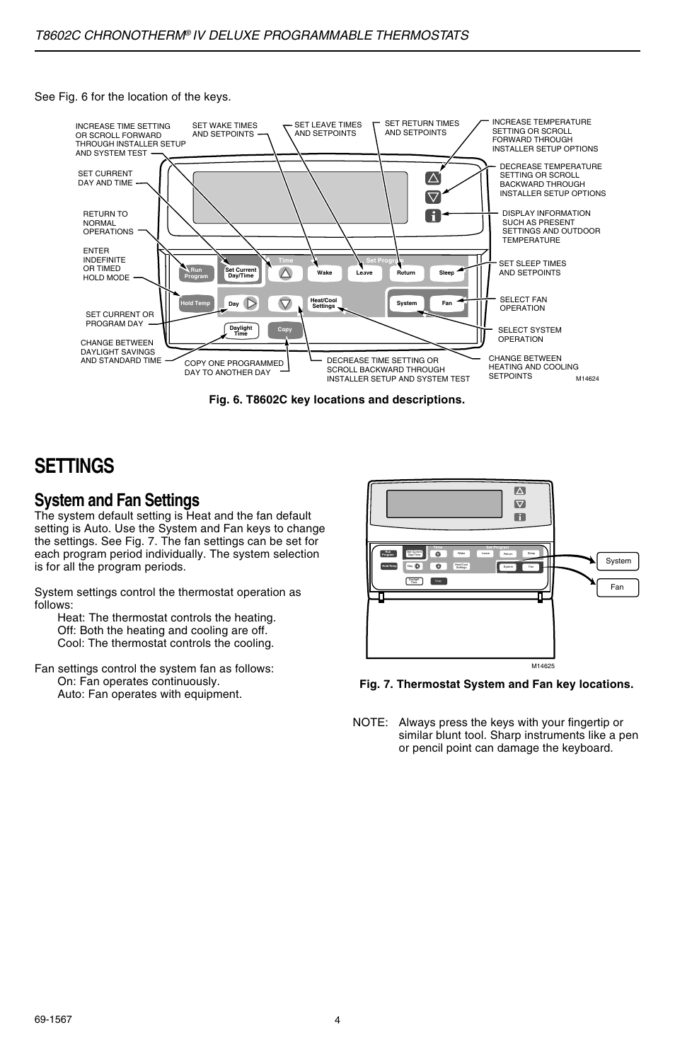 Settings, System and fan settings, T8602c chronotherm | Iv deluxe programmable thermostats | Honeywell Chronotherm IV T8602C User Manual | Page 4 / 12