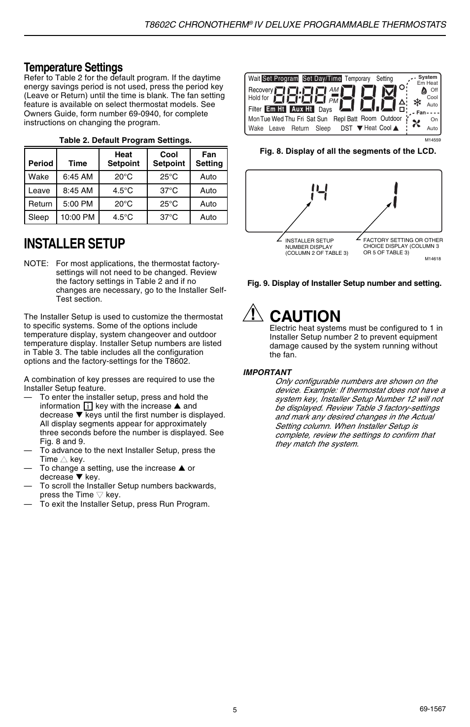 Caution, Installer setup, Temperature settings | Honeywell Chronotherm IV T8602C User Manual | Page 5 / 12