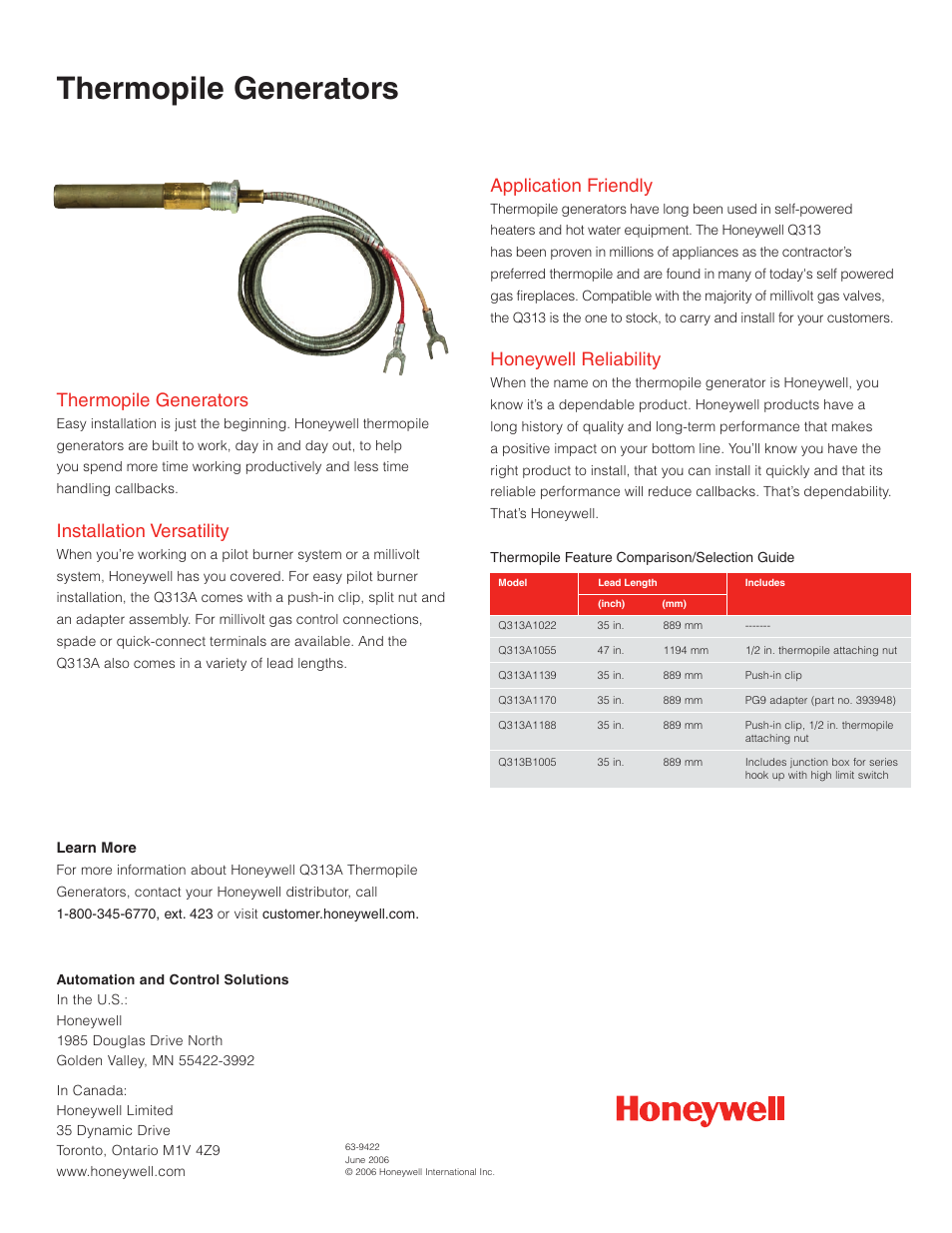 Thermopile generators, Installation versatility, Application friendly | Honeywell reliability | Honeywell Q313A User Manual | Page 2 / 2