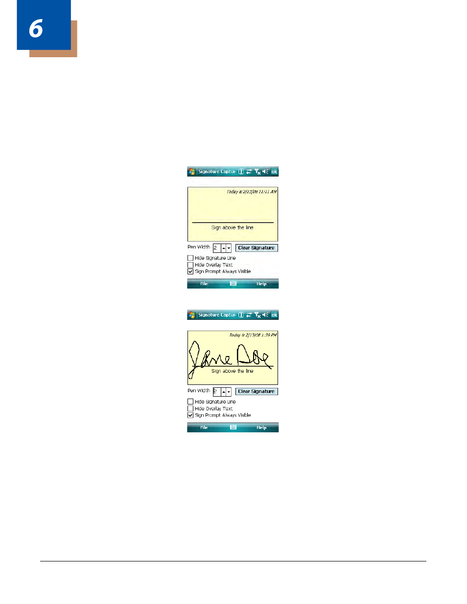 Signature capture demo, Overview, To capture a signature | Chapter 6 - signature capture demo, Overview -1 to capture a signature -1 | Honeywell Dolphin Demos User Manual | Page 33 / 46