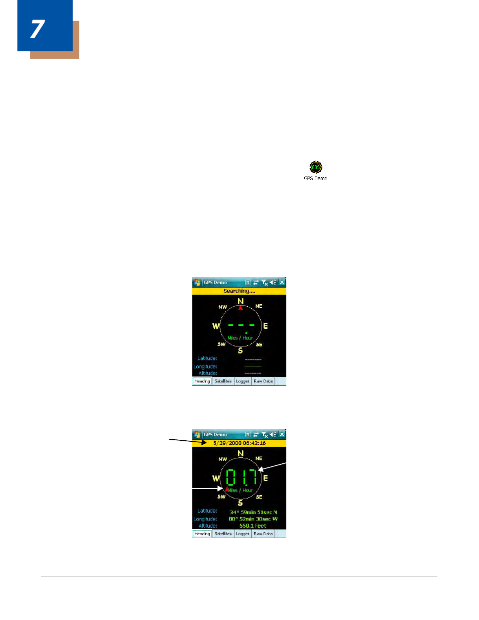 Gps demo, Overview, Activating the gps demo | For optimal functioning, Heading tab, Chapter 7 - gps demo, Overview -1, Activating the gps demo -1, Heading tab -1 | Honeywell Dolphin Demos User Manual | Page 35 / 46