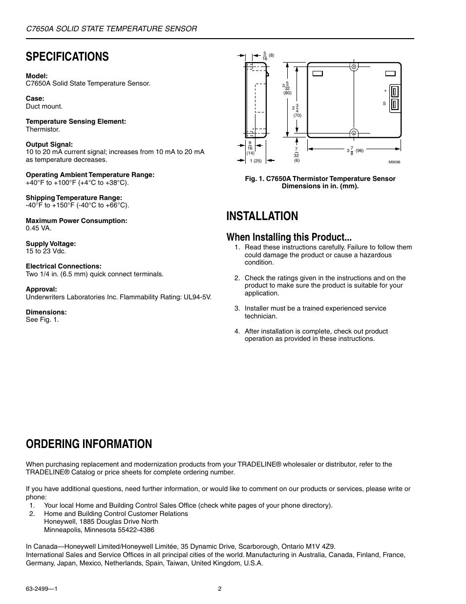 Specifications, Installation, Ordering information | When installing this product | Honeywell C7650A User Manual | Page 2 / 4