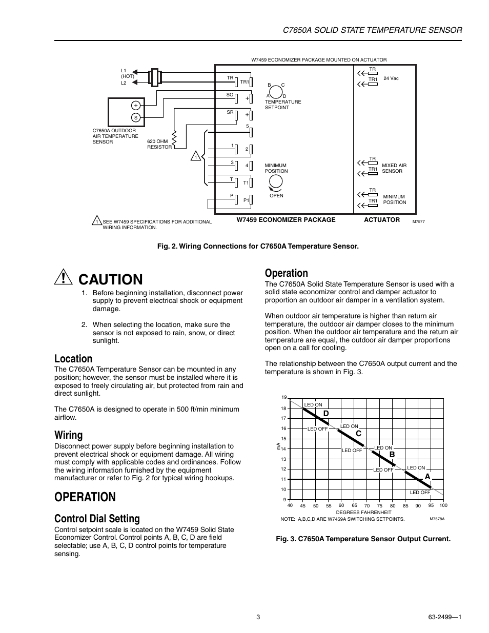 Caution, Operation, Location | Wiring, Control dial setting, C7650a solid state temperature sensor, Dc b a | Honeywell C7650A User Manual | Page 3 / 4