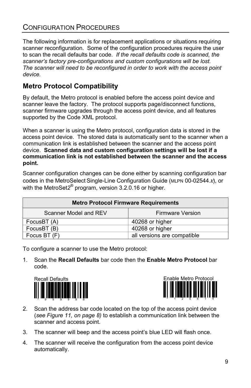 Configuration procedures, Metro protocol compatibility, Onfiguration | Rocedures | Honeywell FocusBT AP-010-BT User Manual | Page 13 / 32