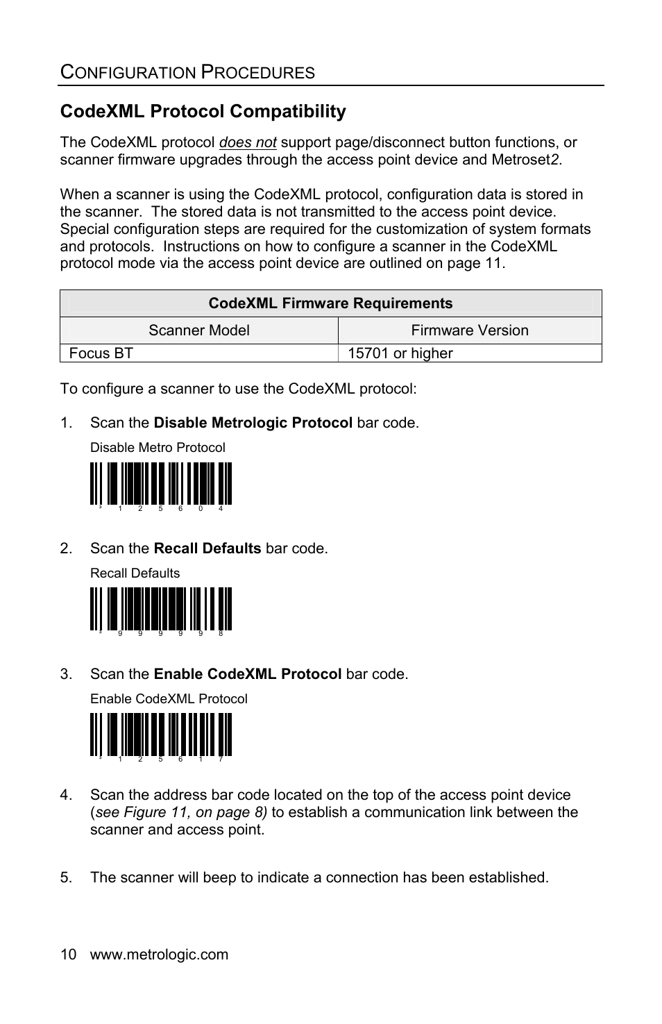 Codexml protocol compatibility, Onfiguration, Rocedures | Scan the recall defaults bar code, Scan the enable codexml protocol bar code | Honeywell FocusBT AP-010-BT User Manual | Page 14 / 32