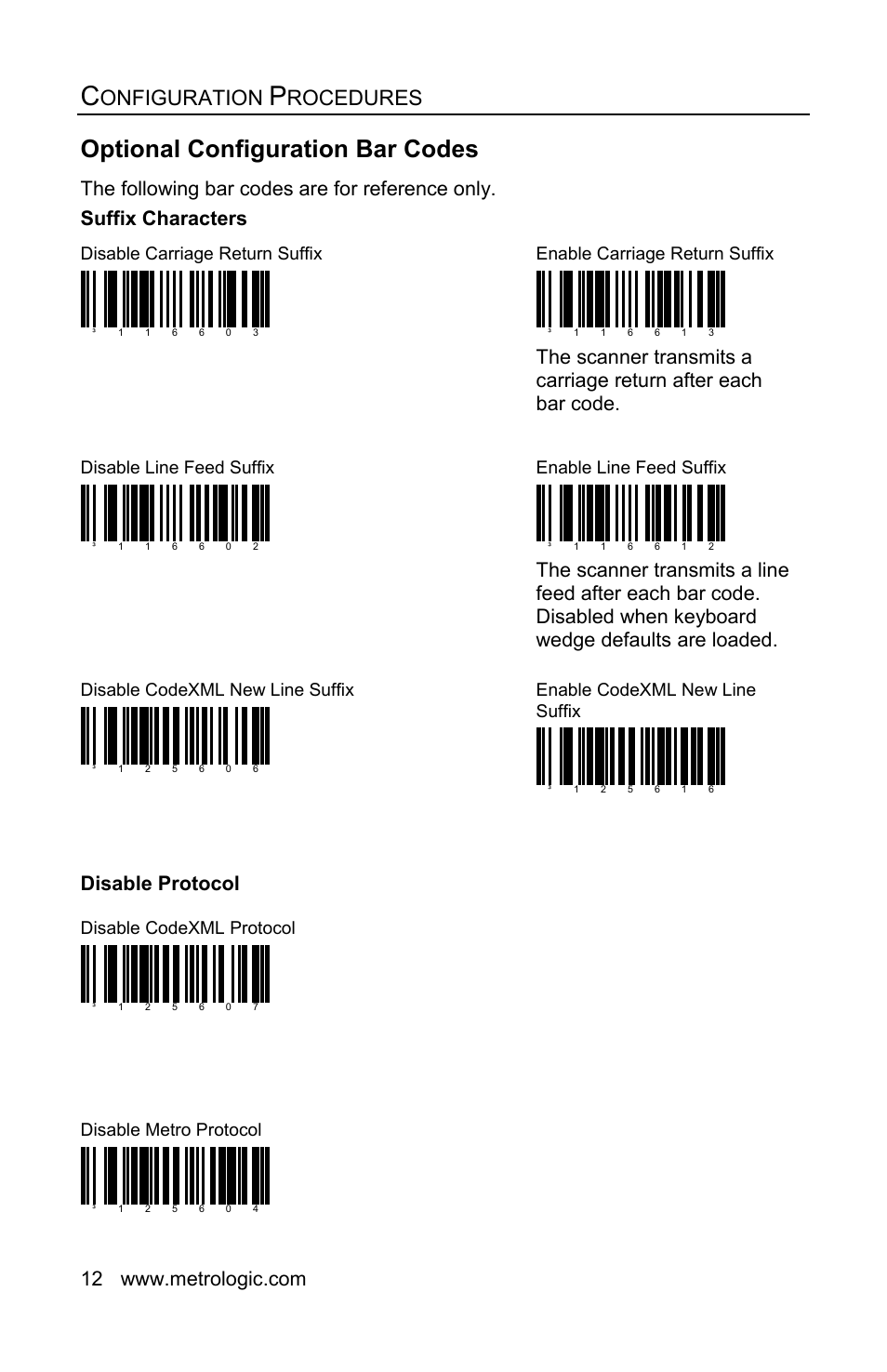 Optional configuration bar codes, Suffix characters, Disable protocol | Onfiguration, Rocedures, Disable carriage return suffix, Enable carriage return suffix, Disable line feed suffix, Enable line feed suffix, Disable codexml new line suffix | Honeywell FocusBT AP-010-BT User Manual | Page 16 / 32