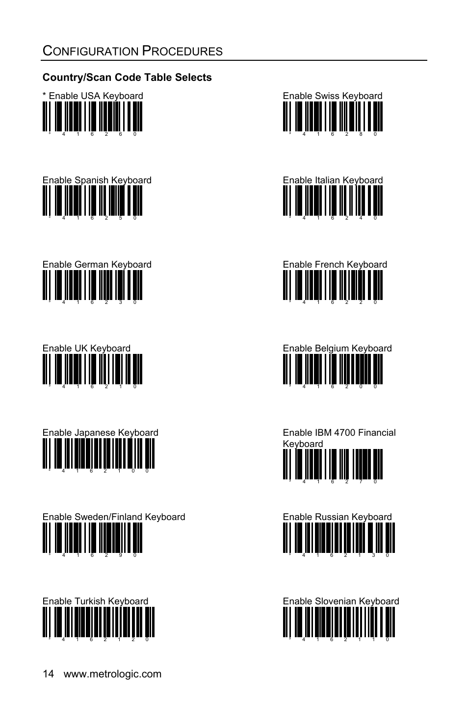 Country/scan code table selects, Onfiguration, Rocedures | Enable usa keyboard, Enable swiss keyboard, Enable spanish keyboard, Enable italian keyboard, Enable german keyboard, Enable french keyboard, Enable uk keyboard | Honeywell FocusBT AP-010-BT User Manual | Page 18 / 32