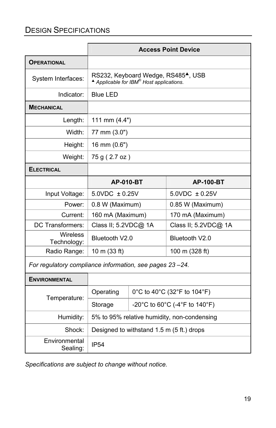 Design specifications | Honeywell FocusBT AP-010-BT User Manual | Page 23 / 32