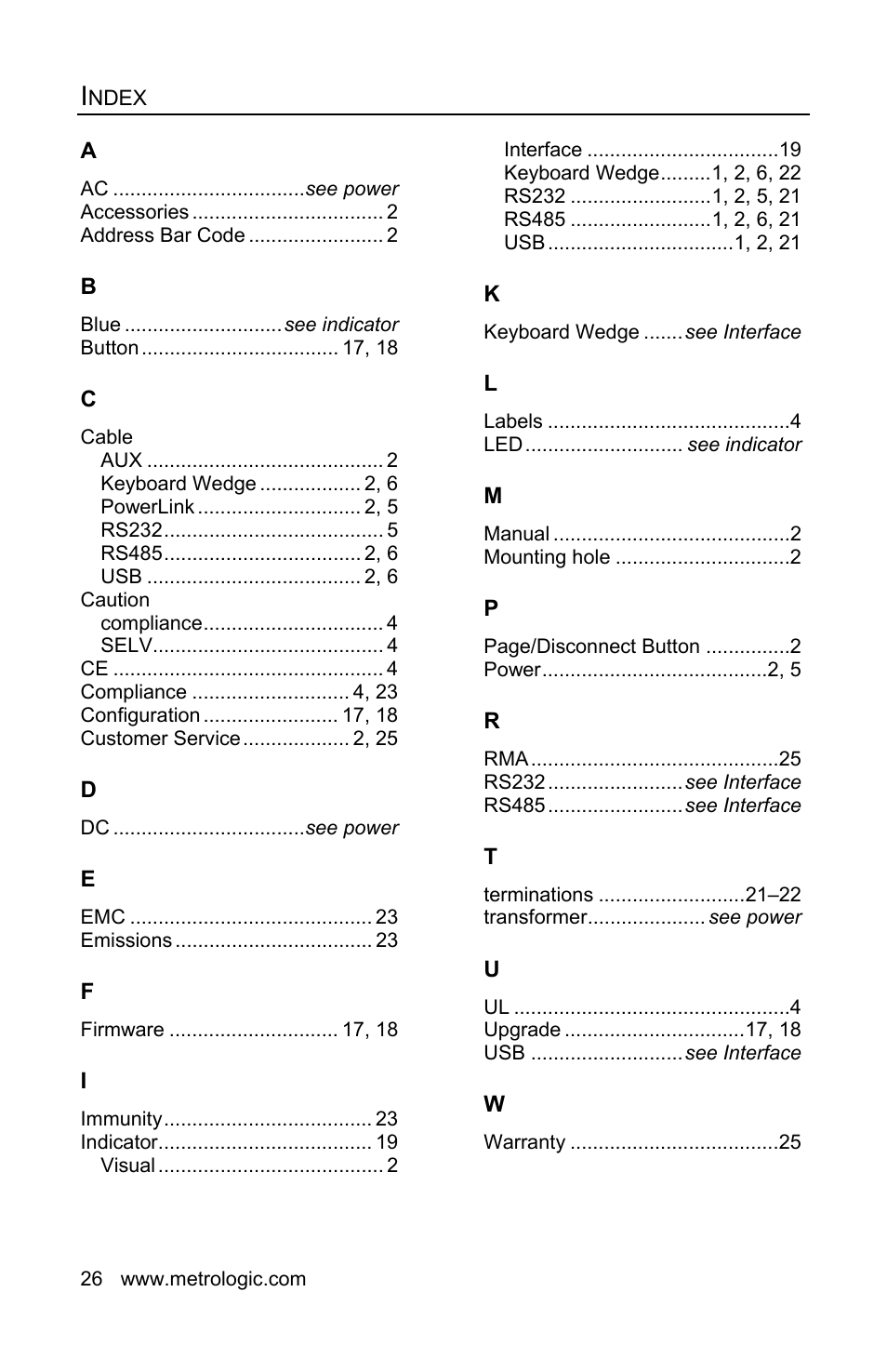 Index | Honeywell FocusBT AP-010-BT User Manual | Page 30 / 32