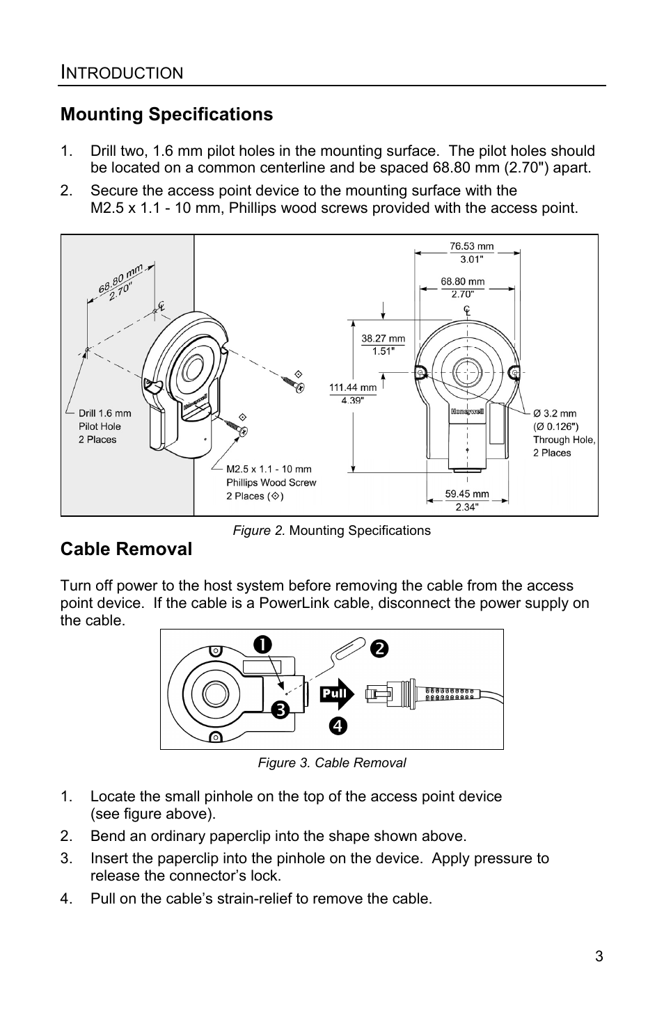 Mounting specifications, Cable removal | Honeywell FocusBT AP-010-BT User Manual | Page 7 / 32