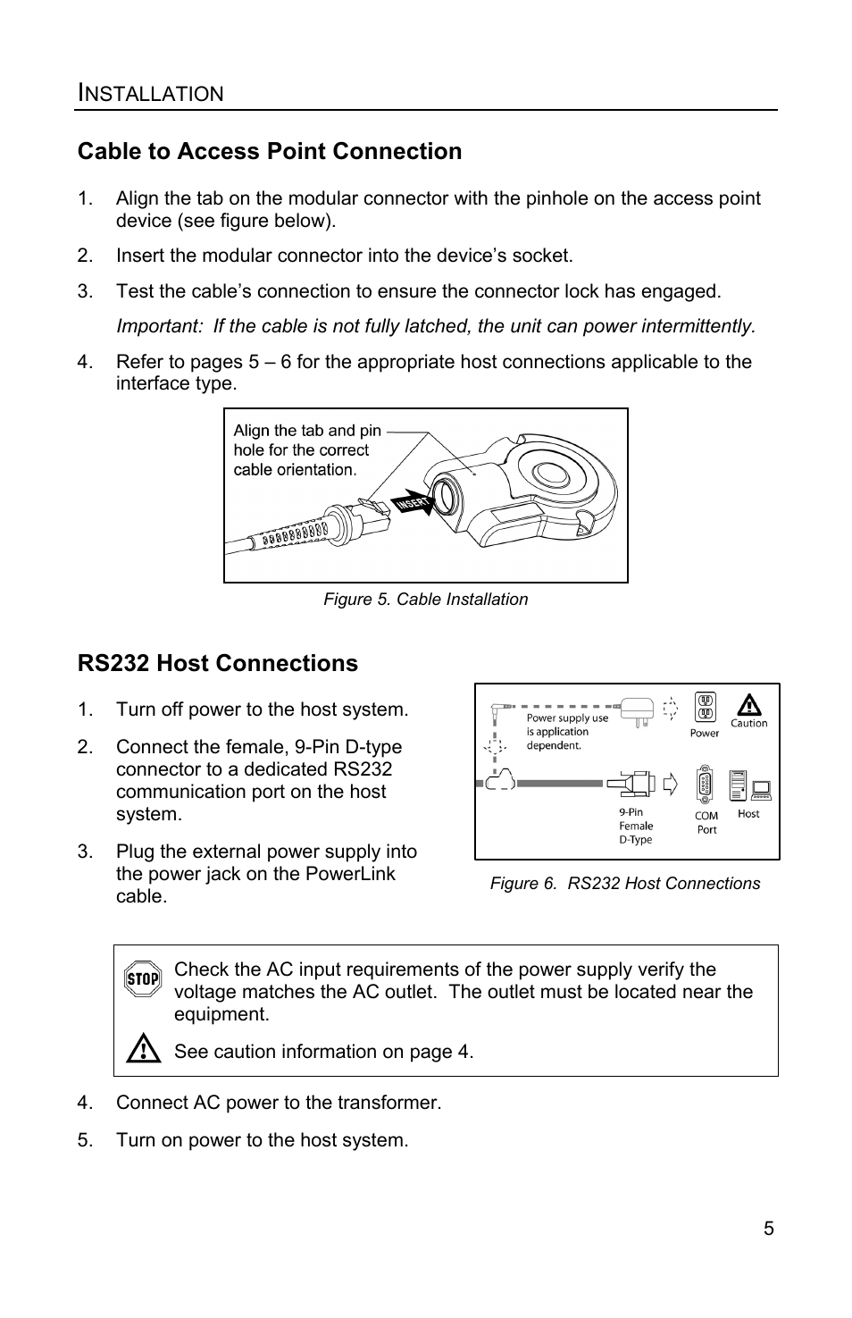 Installation, Cable to access point connection, Rs232 host connections | Honeywell FocusBT AP-010-BT User Manual | Page 9 / 32