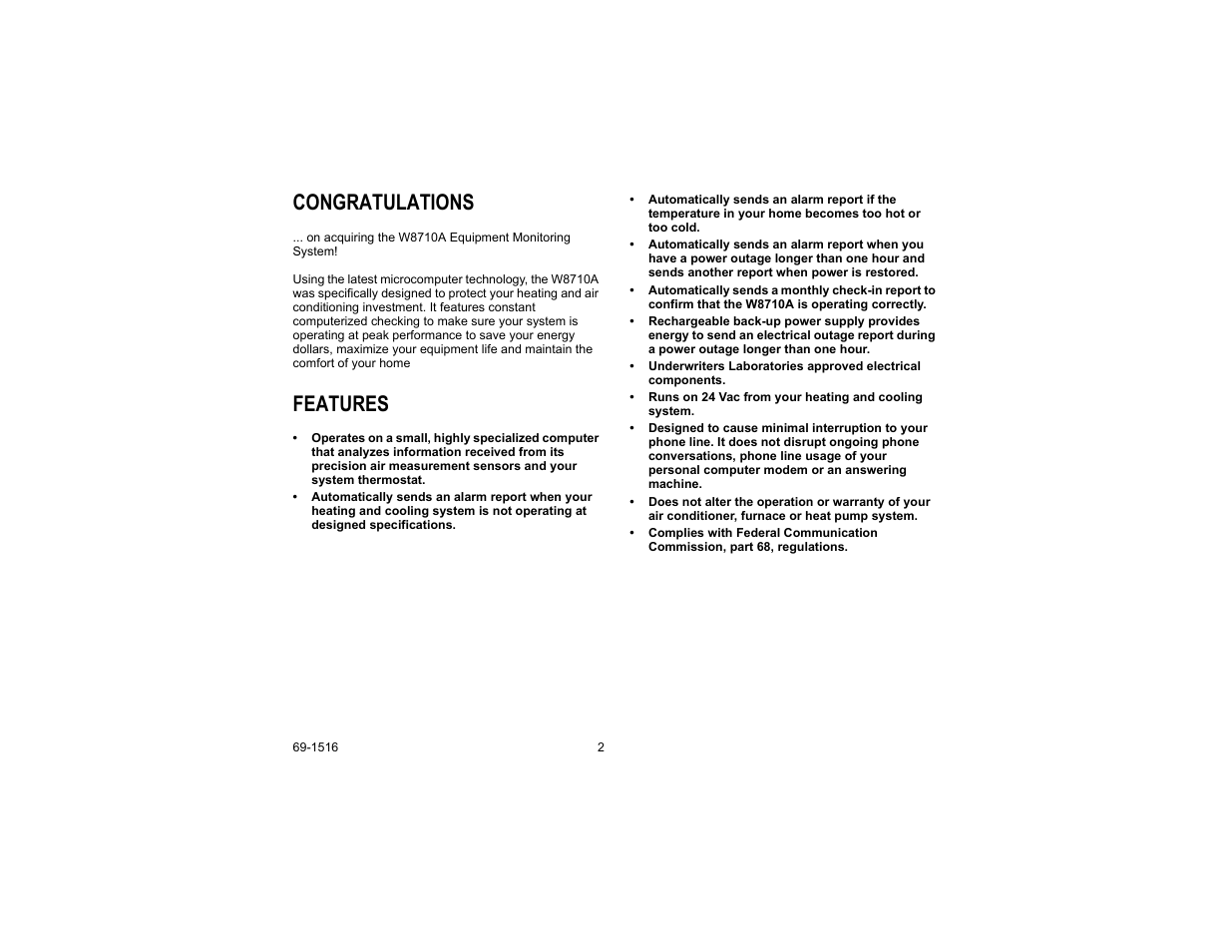 Congratulations, Features | Honeywell EQUIPMENT MONITORING SYSTEM W8710A User Manual | Page 2 / 8