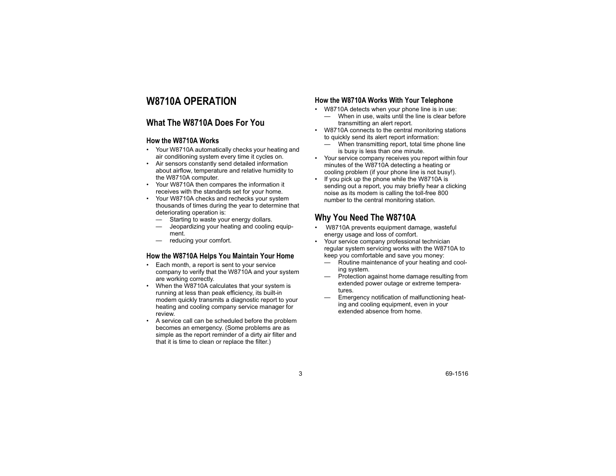 W8710a operation, What the w8710a does for you, How the w8710a works | How the w8710a helps you maintain your home, How the w8710a works with your telephone, Why you need the w8710a | Honeywell EQUIPMENT MONITORING SYSTEM W8710A User Manual | Page 3 / 8