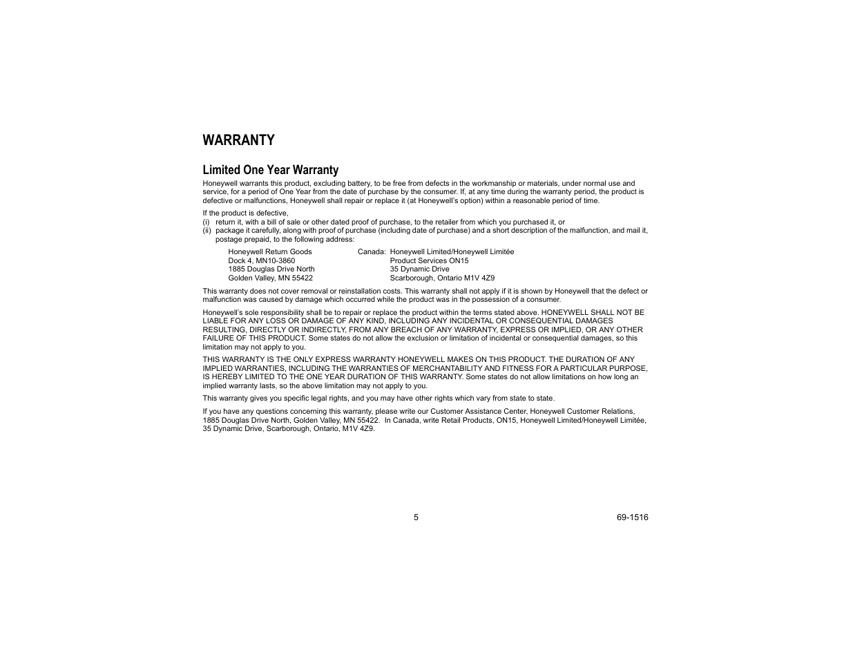 Warranty, Limited one year warranty | Honeywell EQUIPMENT MONITORING SYSTEM W8710A User Manual | Page 5 / 8