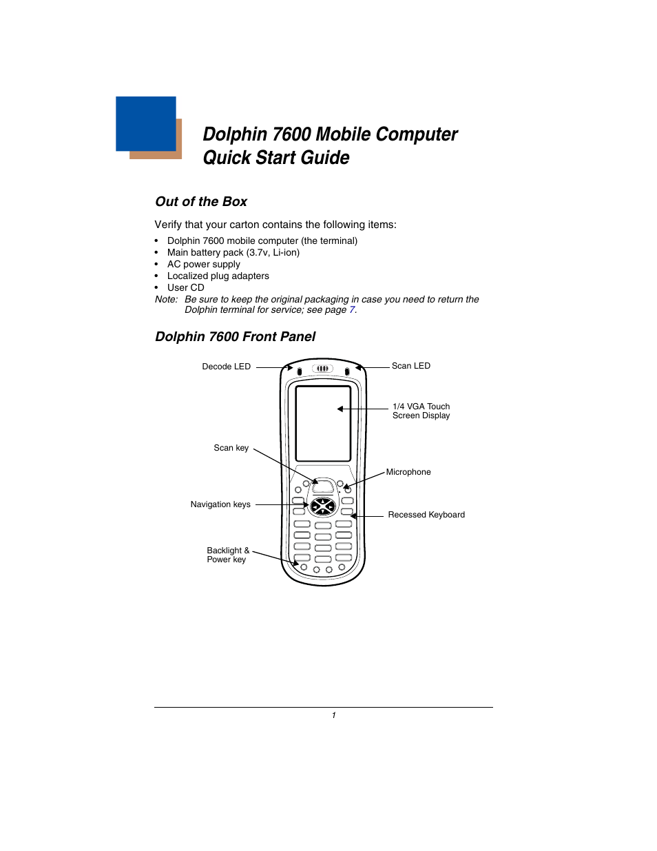 Out of the box, Dolphin 7600 front panel, Dolphin 7600 mobile computer quick start guide | Honeywell Dolphin 7600 User Manual | Page 3 / 12