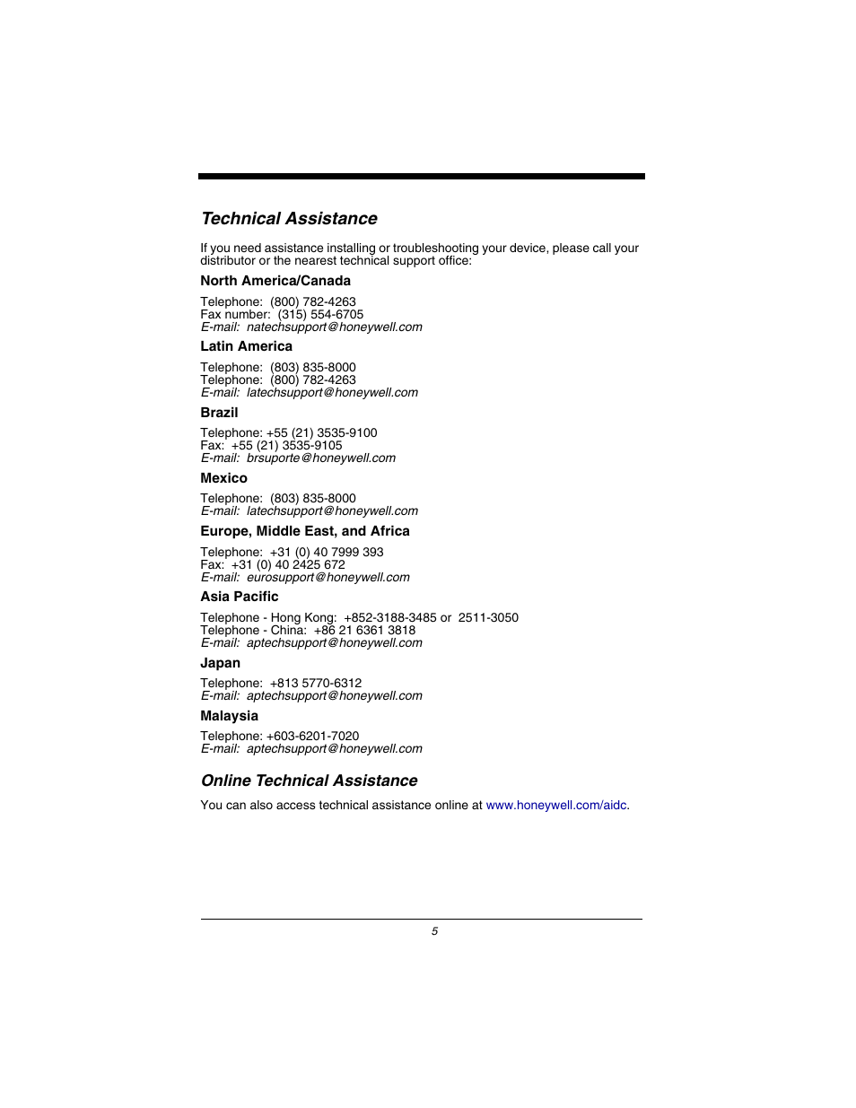 Technical assistance, Online technical assistance | Honeywell Dolphin 7600 User Manual | Page 7 / 12