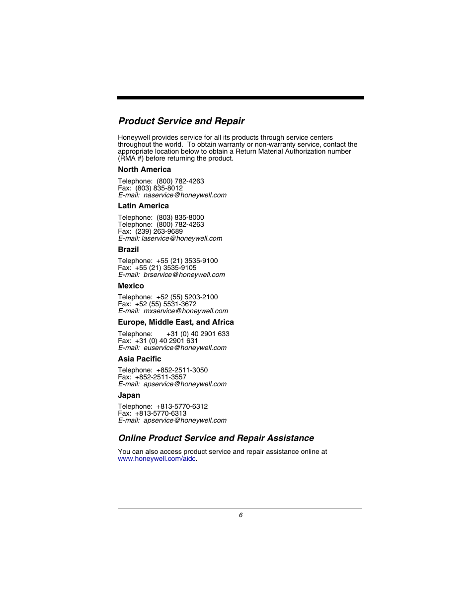 Online product service and repair assistance, Product service and repair | Honeywell Dolphin 7600 User Manual | Page 8 / 12