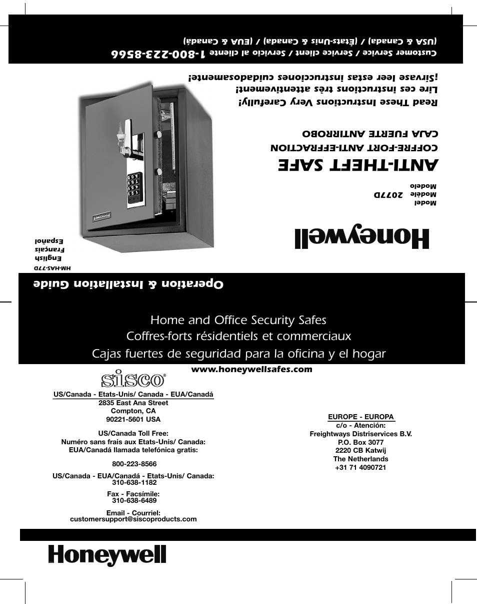Anti-theft safe, Home and office security safes, Coffres-forts résidentiels et commerciaux | Operation & installation guide | Honeywell 2077D User Manual | Page 17 / 17