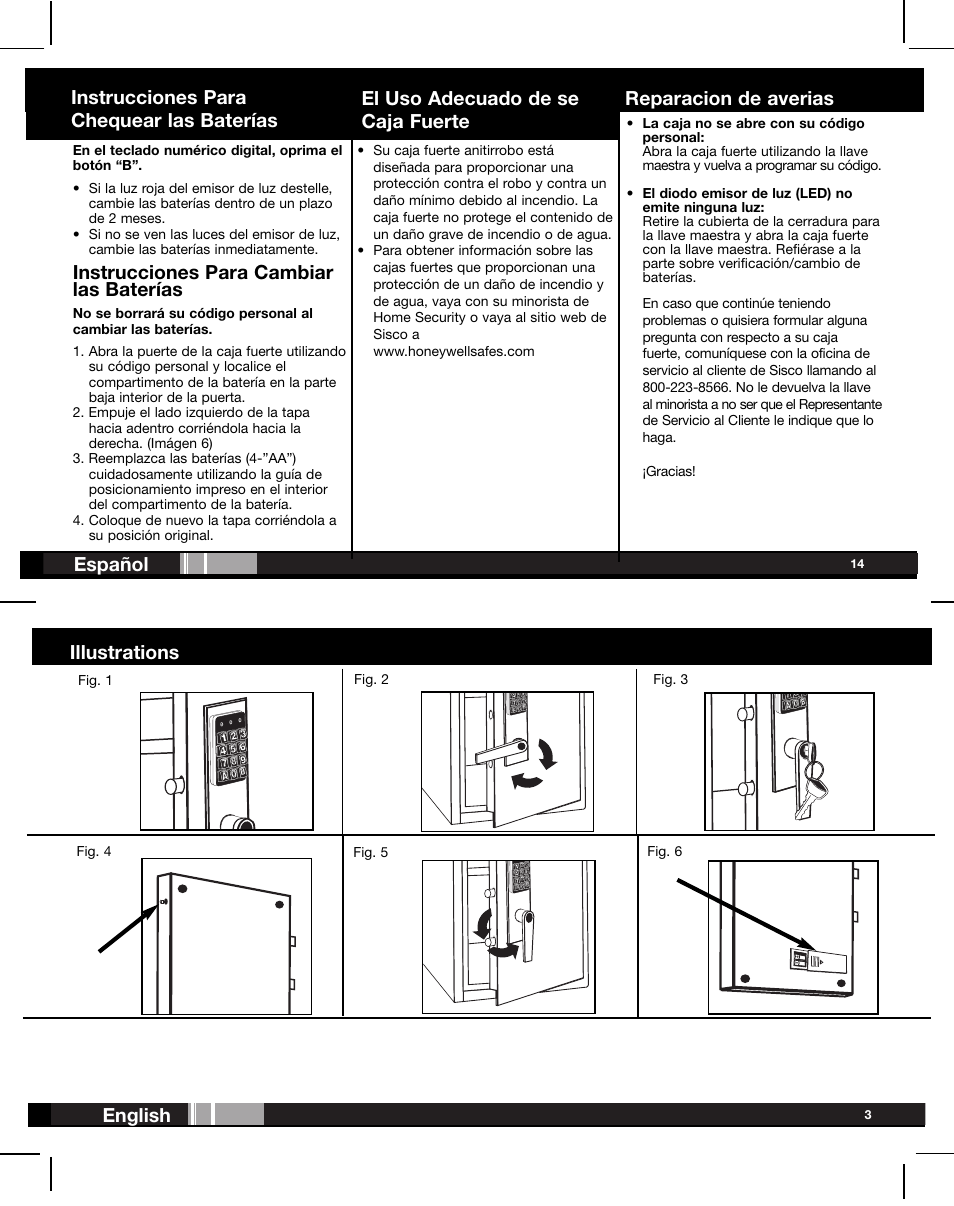 Illustrations english, Español, Instrucciones para cambiar las baterías | El uso adecuado de se caja fuerte, Instrucciones para chequear las baterías, Reparacion de averias, Fig. 1 fig. 4 fig. 3, Fig. 5, Fig. 2, Fig. 6 | Honeywell 2077D User Manual | Page 4 / 17