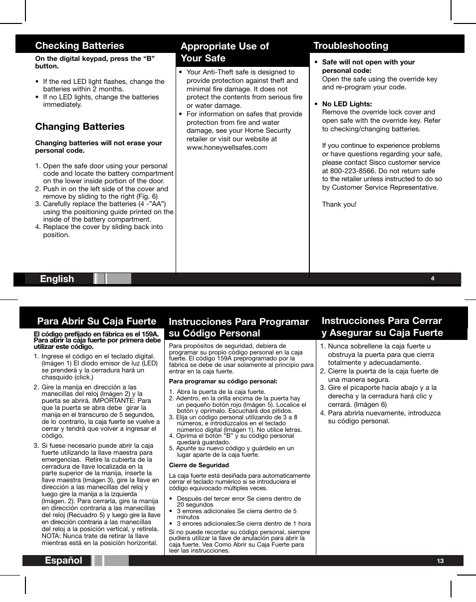 Checking batteries english, Troubleshooting, Changing batteries | Appropriate use of your safe, Instrucciones para programar su código personal | Honeywell 2077D User Manual | Page 5 / 17