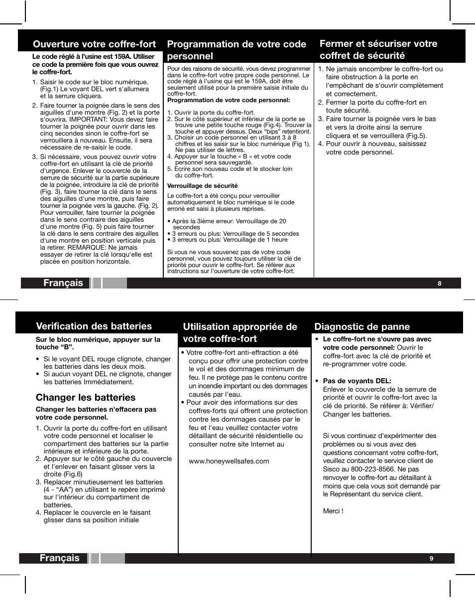 Français, Changer les batteries, Utilisation appropriée de votre coffre-fort | Verification des batteries, Diagnostic de panne, Programmation de votre code personnel | Honeywell 2077D User Manual | Page 9 / 17