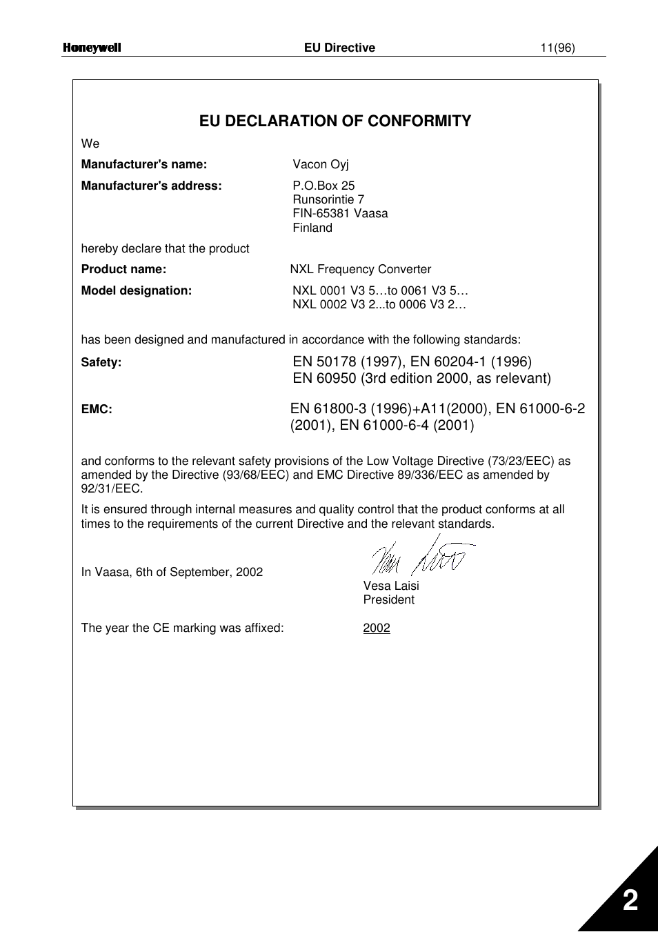 Eu declaration of conformity | Honeywell NXL User Manual | Page 11 / 96