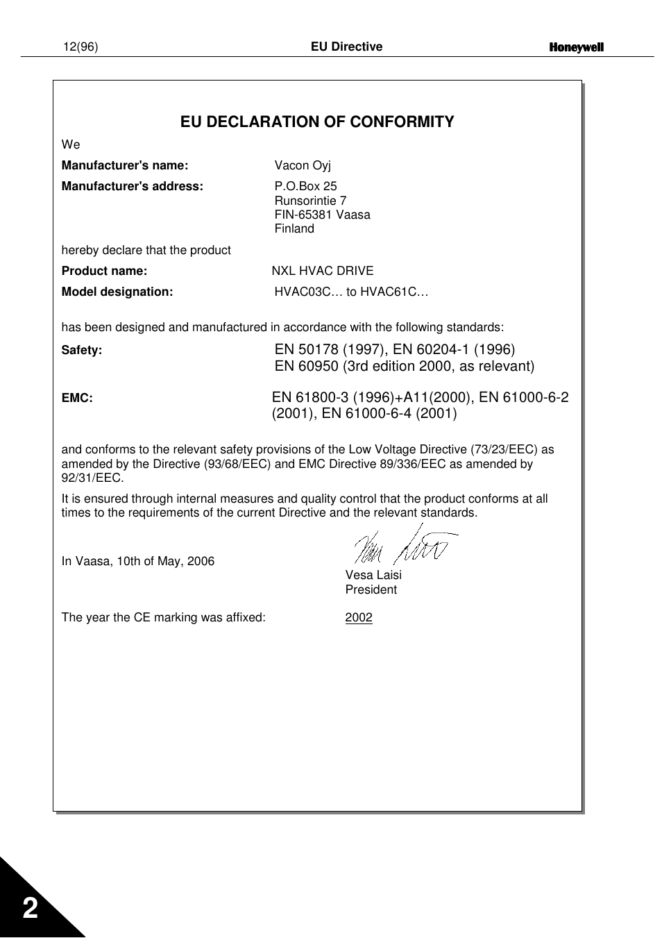 Eu declaration of conformity | Honeywell NXL User Manual | Page 12 / 96