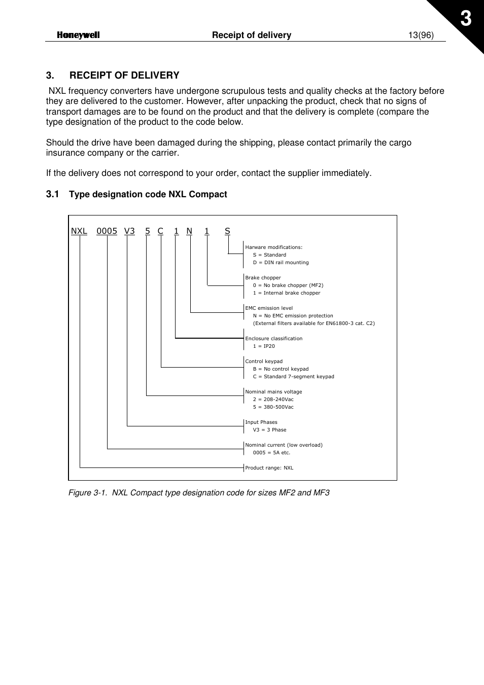 Receipt of delivery, Receipt of delivery 13(96), Type designation code nxl compact | Honeywell NXL User Manual | Page 13 / 96