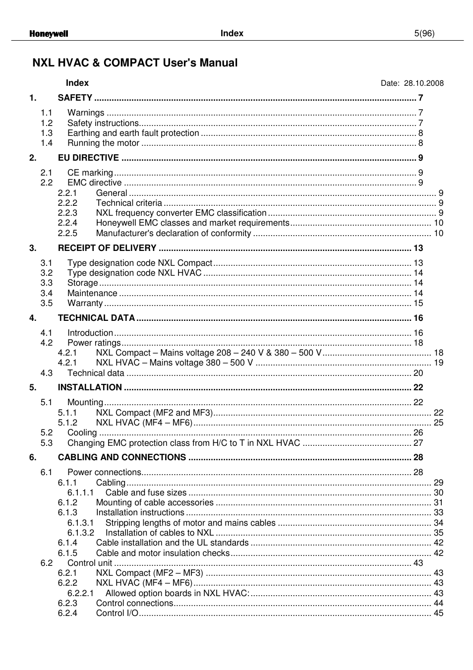 Nxl hvac & compact user's manual | Honeywell NXL User Manual | Page 5 / 96