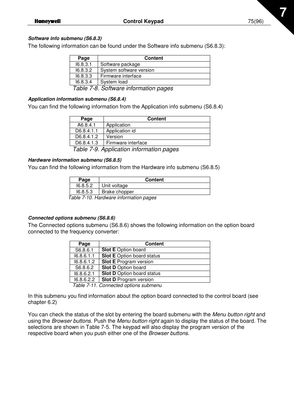 Table 7-8. software information pages, Table 7-9. application information pages | Honeywell NXL User Manual | Page 75 / 96