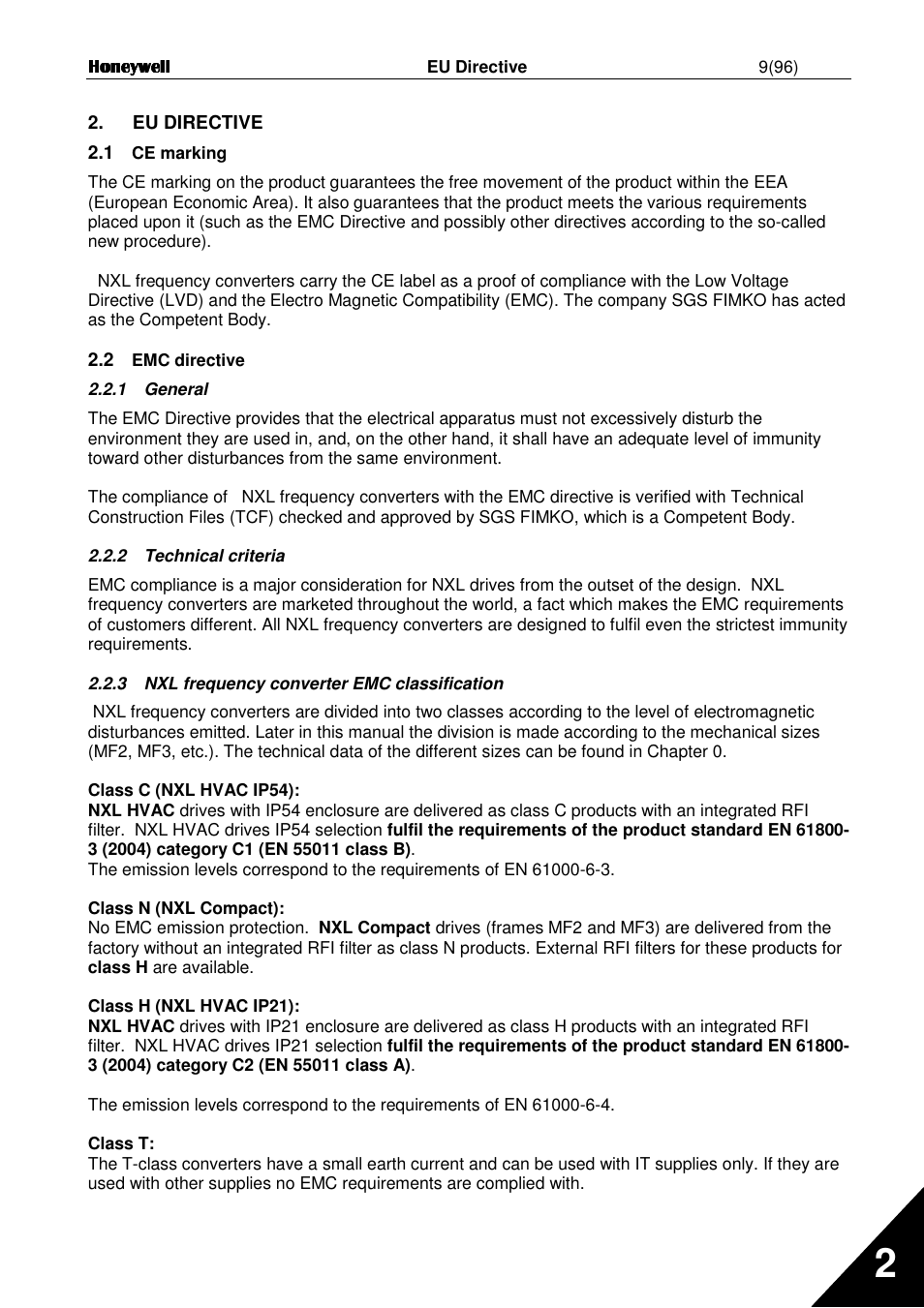 Eu directive 2.1 | Honeywell NXL User Manual | Page 9 / 96