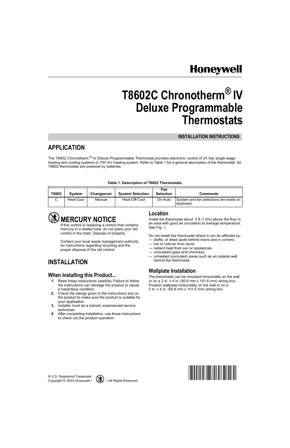 Honeywell CHRONOTHERM T8602C User Manual | 12 pages