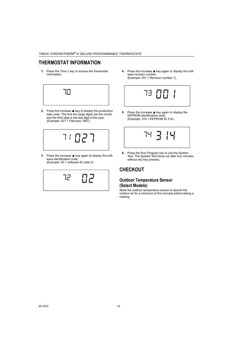 Thermostat information, Checkout, Outdoor temperature sensor (select models) | Honeywell CHRONOTHERM T8602C User Manual | Page 10 / 12