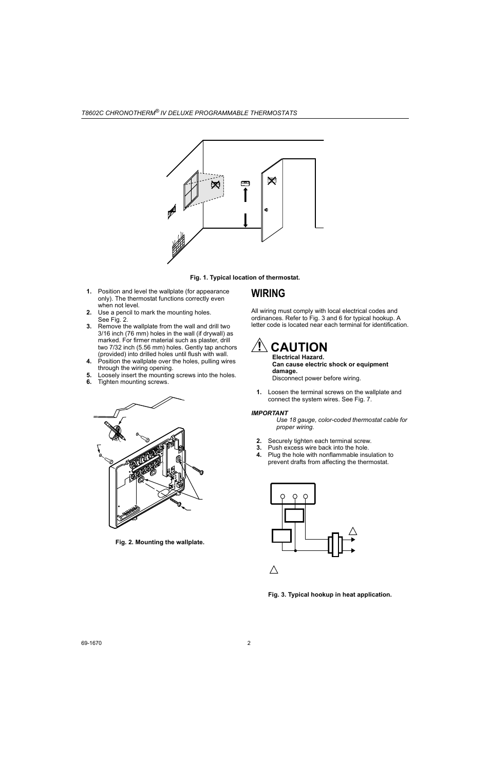 Wiring, Caution | Honeywell CHRONOTHERM T8602C User Manual | Page 2 / 12