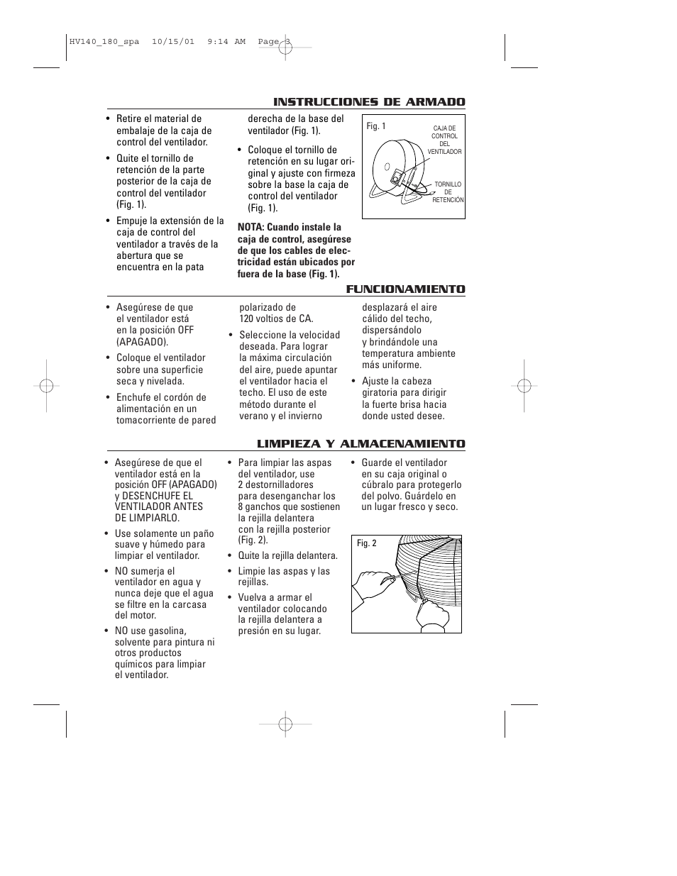 Instrucciones de armado, Limpieza y almacenamiento funcionamiento | Honeywell HV140 User Manual | Page 13 / 16