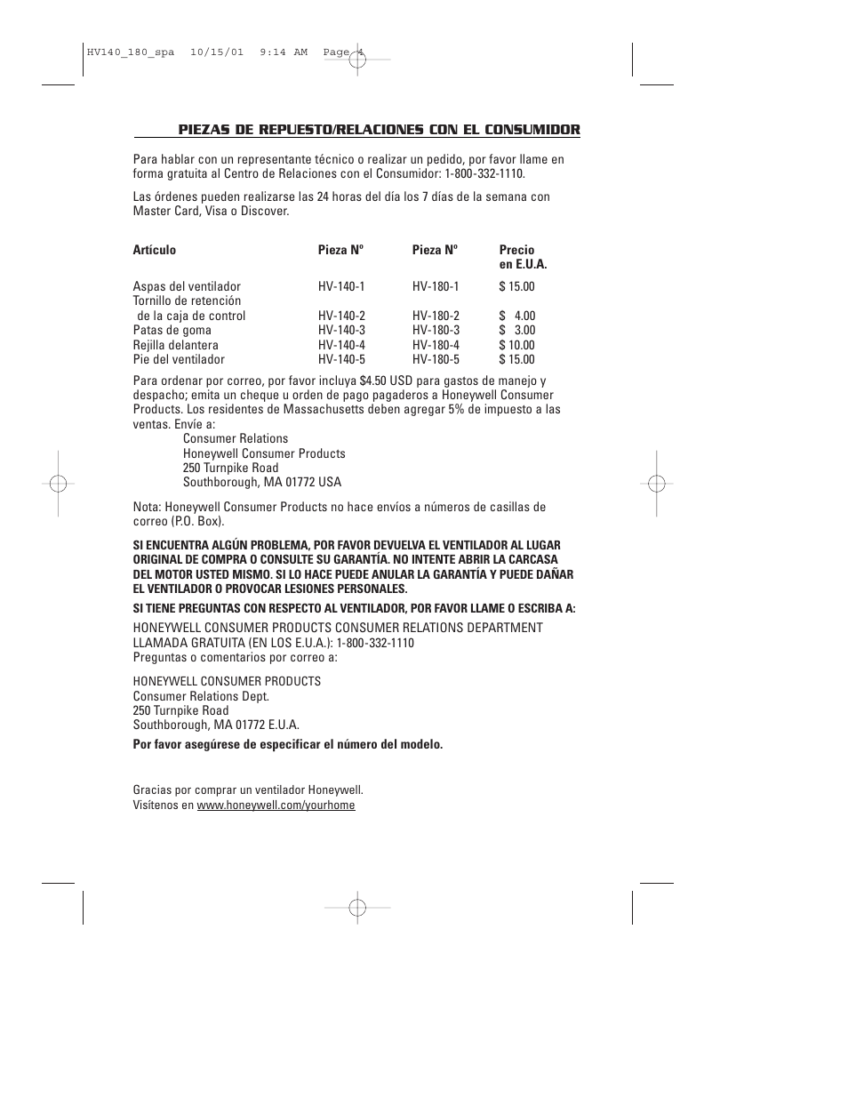 Honeywell HV140 User Manual | Page 14 / 16