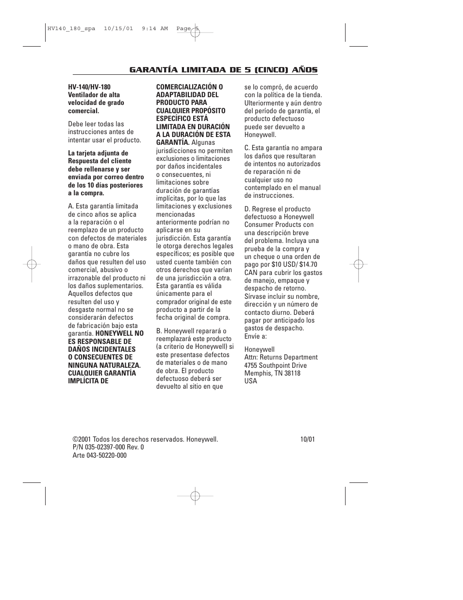 Honeywell HV140 User Manual | Page 15 / 16