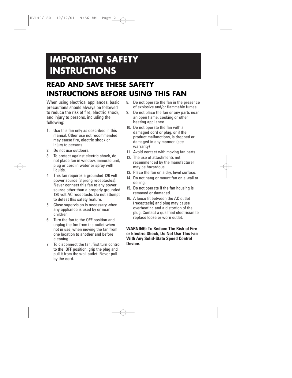 Important safety instructions | Honeywell HV140 User Manual | Page 2 / 16
