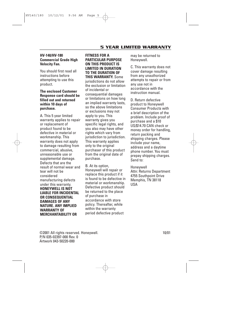 Honeywell HV140 User Manual | Page 5 / 16