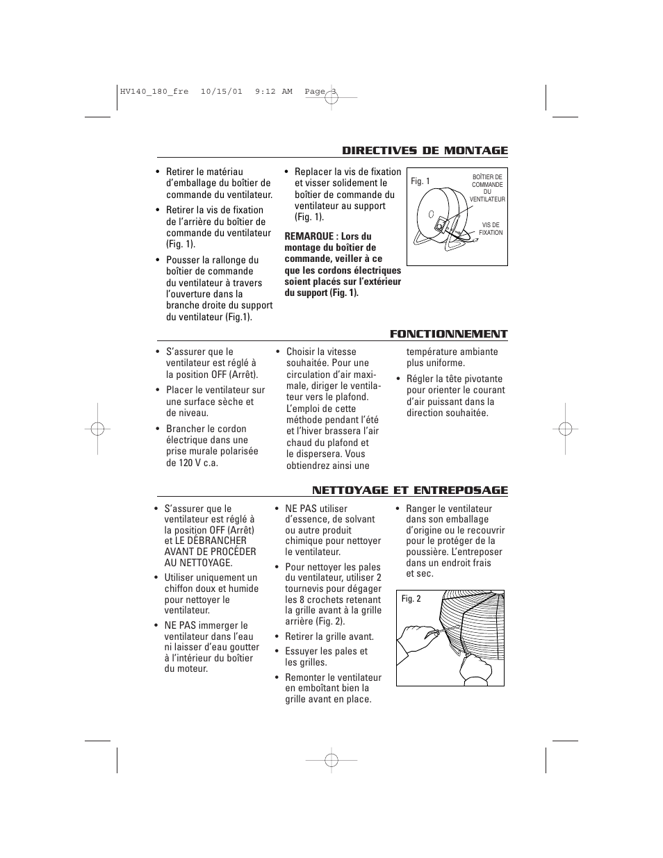 Directives de montage, Nettoyage et entreposage fonctionnement | Honeywell HV140 User Manual | Page 8 / 16