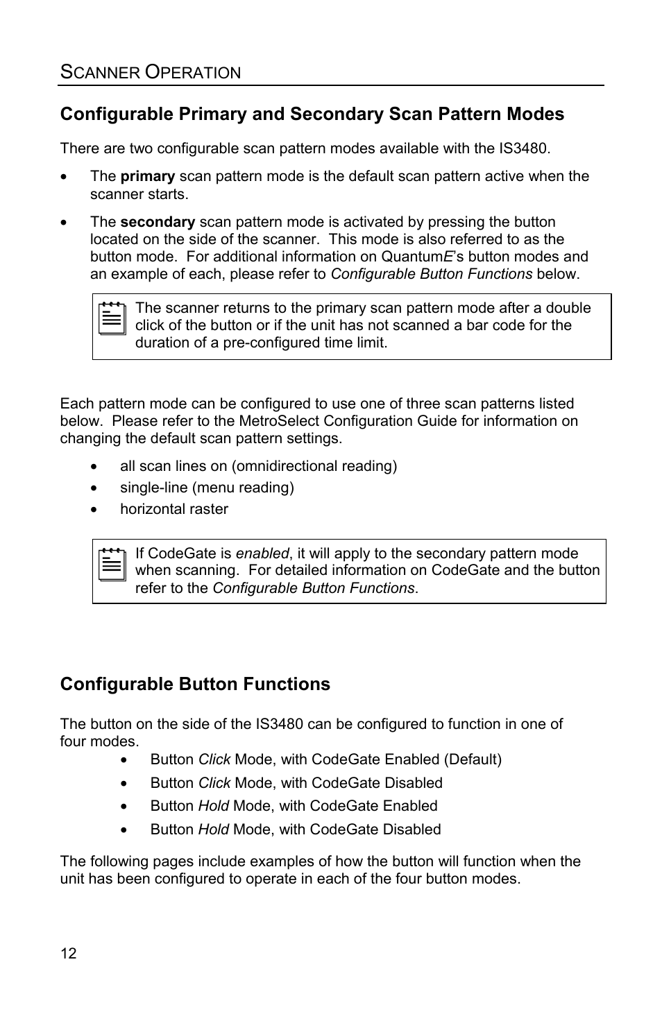 Scanner operation, Configurable button functions | Honeywell QUANTUME IS3480 User Manual | Page 16 / 60