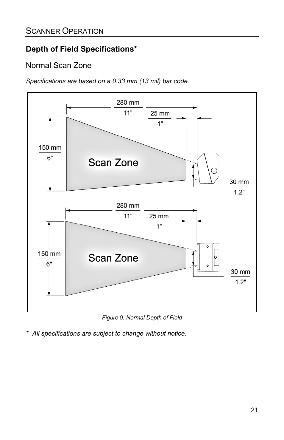 Depth of field specifications, Normal scan zone | Honeywell QUANTUME IS3480 User Manual | Page 25 / 60