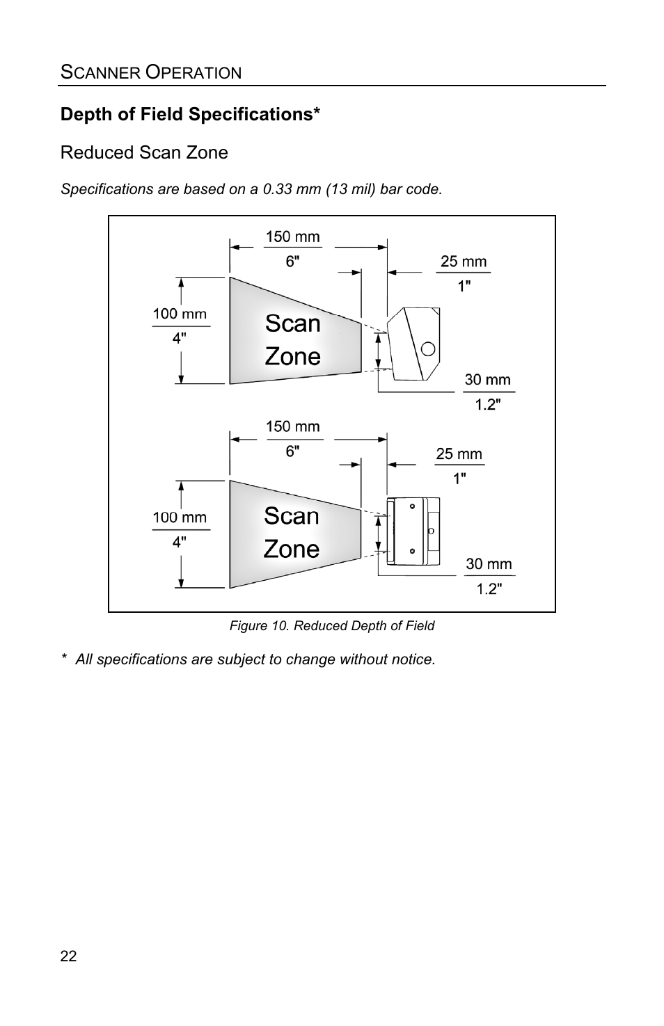 Reduced scan zone, Depth of field specifications | Honeywell QUANTUME IS3480 User Manual | Page 26 / 60